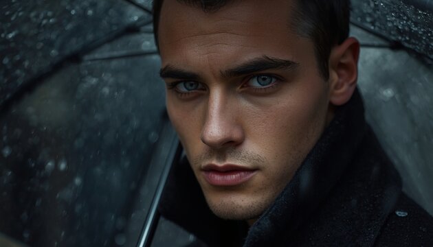 This is an image of a man holding an umbrella in the rain