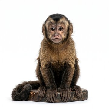 Cute Baby Capuchin Monkey Sitting on a Wooden Base, Front View Full Body Portrait of an Exotic Primate Isolated on White Background