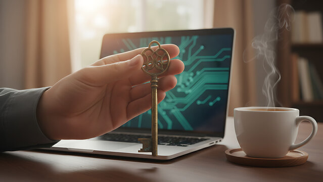 Hand gripping an antique metal skeleton key positioned before a modern computer laptop and a ceramic mug filled with dark coffee, symbolizing digital security or unlocking potential.
