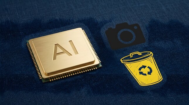Gold AI chip next to camera and trash icons on blue textured background