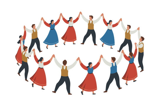 Diverse Group of People Holding Hands in Circle Dancing Illustration