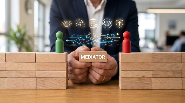 Mediator connecting two opposing sides symbolized by figures