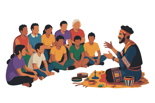 Indigenous man telling stories to a diverse group of people sitting on the ground
