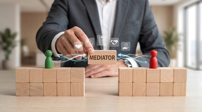 Businessman holding mediator block between two groups symbolized by figures