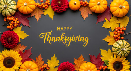 Fototapeta premium Autumnal thanksgiving arrangement with pumpkins flowers and fall foliage