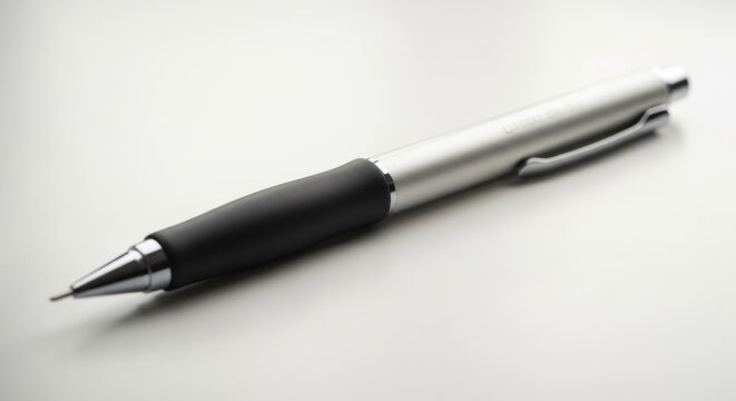 Close-up Studio Shot of a Silver and Black Ballpoint Pen on a White Background.