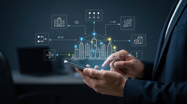 Businessman interacting with a holographic smart city interface on a smartphone to manage urban infrastructure and data, proptech innovation, digital twin concept modern technology business concept