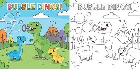 Cute Cartoon Dinosaurs Blowing Bubbles in a Fun Prehistoric Landscape with Volcano and Trees © MstSangita
