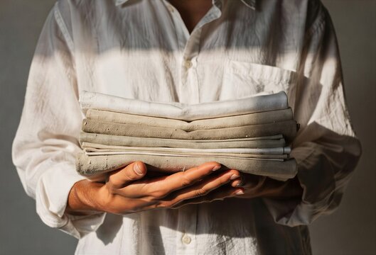 Person Holding Stack of Folded Newspapers Indoors, Close-Up Printed Press Bundle in White Shirt