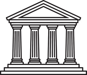 Obraz premium A black and white of a classical building facade with four tall columns, a triangular pediment, and a stepped base also transparent background