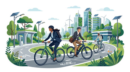 Fototapeta premium Diverse professionals cycling through a green cityscape on World Bicycle Day, illustrating environmental benefits and a healthy lifestyle in a vibrant urban illustration