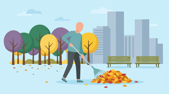 Man raking autumn leaves in urban park with city skyline background