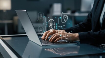 Naklejka na ściany i meble Businessman typing on laptop keyboard with glowing AI and security holographic icons, artificial intelligence integration, cybersecurity concept, automated support modern technology business concept