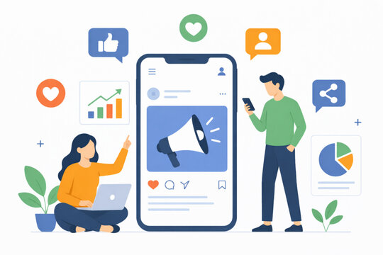 Social Media Marketing and Content Promotion with Mobile Analytics Flat Vector Illustration