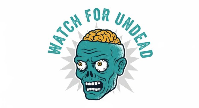 Vintage Style Zombie Head Illustration with Exposed Brain and Watch For Undead Text Warning