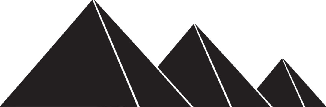 Black silhouette of three egyptian pyramids in a row, isolated on a white background, for travel and, historical projects also, transparent background