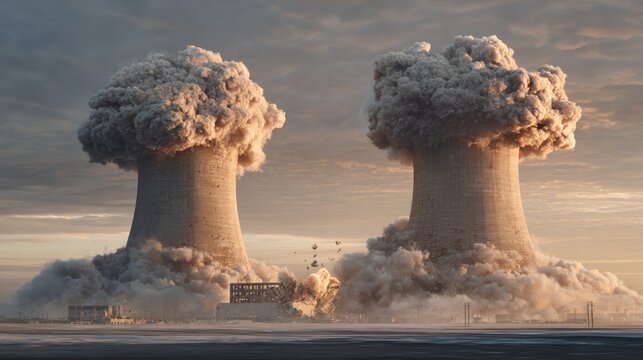Two massive industrial cooling towers collapse in clouds of dust and smoke during demolition