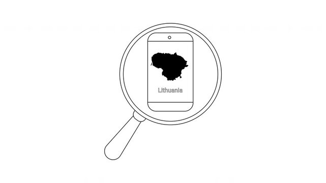 Magnifying glass over smartphone displaying Lithuania map and text.