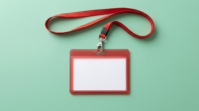 Red lanyard badge holder hanging on teal background