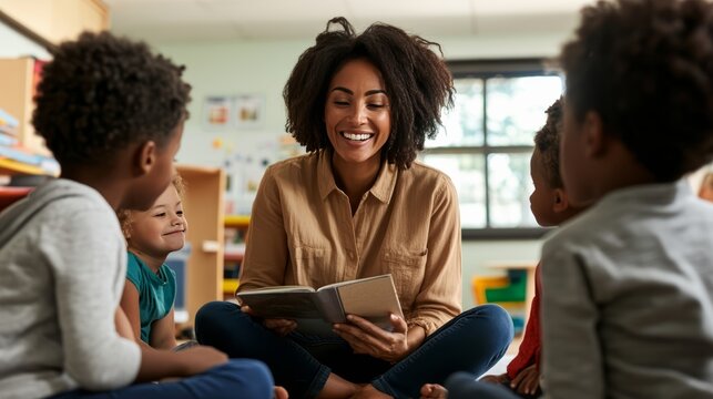 Teacher Reading to Young Students: A smiling teacher engages a group of young, diverse children as she reads a storybook in a classroom setting, fostering a love for learning and imagination.