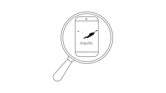 Magnifying glass over smartphone displaying map of Anguilla island.