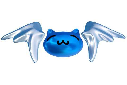 Y2K Frutiger Aero Angel Cat 3D Blue Chrome Spread Wings Glowing Aura Front PNG