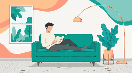 Obraz premium Man Reading Book on Sofa in Cozy Living Room with Plants, Illustration