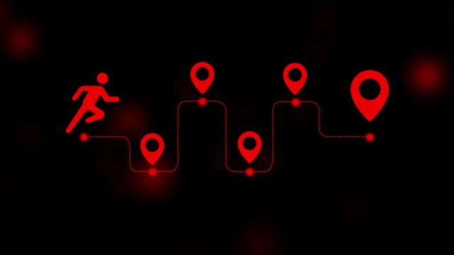 Animated running person with location map pins path infographic
