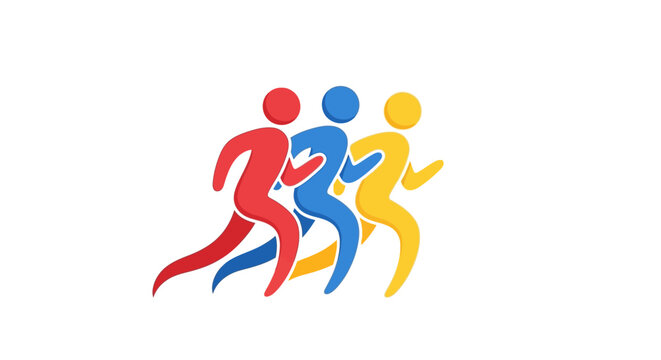 Three stylized runners in red, blue, and yellow on a white background, symbolizing competition and movement.