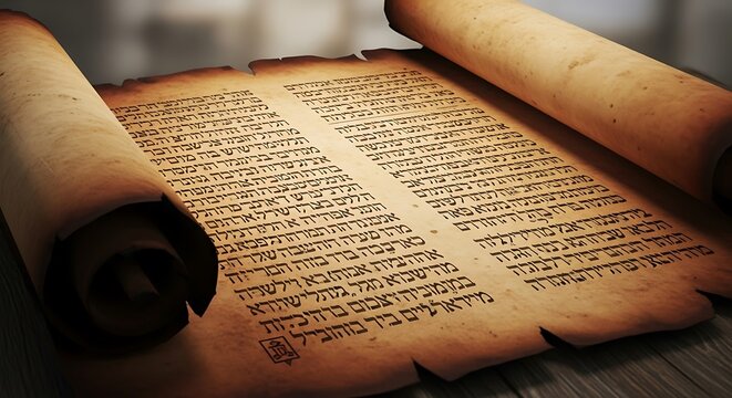 Ancient Torah scroll with Hebrew text on a dark wooden surface