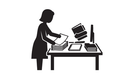 Fototapeta premium Person Organizing Papers on a Desk with a Laptop and Books Featuring Office, Work, Study with Reading and Writing Elements for Education