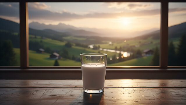 Fresh cold white milk in a crystal glass resting on a rustic wooden table overlooking a breathtaking scenic mountain landscape at sunrise with lush green valley and clear blue sky background.