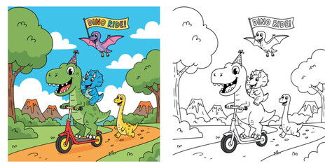 Joyful Cartoon Dinosaurs on a Scooter Ride with Pterodactyl Banner and Friends © MstSangita