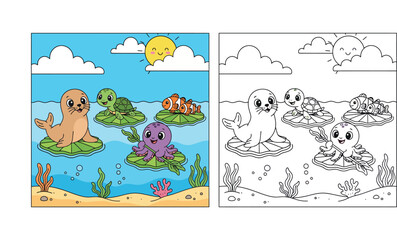 Fototapeta premium Cute Cartoon Sea Animals Floating on Lily Pads - Whimsical Ocean Scene with Seal, Turtle, Octopus, and Clownfish