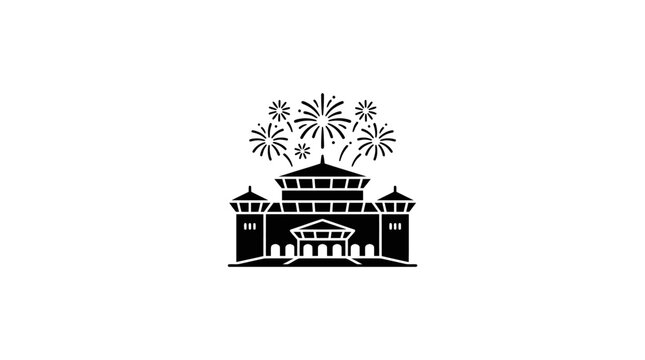 A black and white silhouette icon of a grand building with fireworks exploding above it.