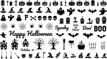 Naklejka premium Large Halloween Silhouette Icon Set with Pumpkins Ghosts Bats Haunted Houses and Spooky Typography for Autumn Holiday Party Graphic Designs