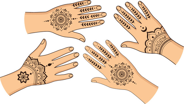 Traditional Mehendi Henna Tattoo Designs on Female Hands Vector Set with Mandala and Floral Patterns for Wedding and Festive Celebrations