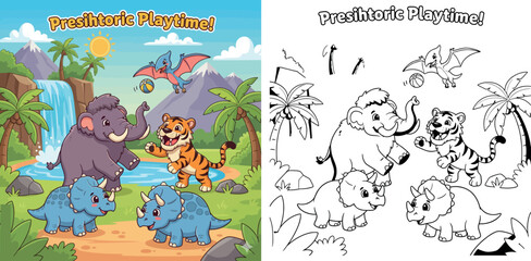 Prehistoric Playtime! Cute Cartoon Woolly Mammoth, Saber-Tooth Tiger © MstSangita