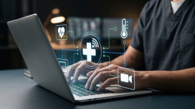 Healthcare worker using laptop for remote patient analysis and electronic health records management, telehealth services, medical data visualization, digital clinic modern technology business concept