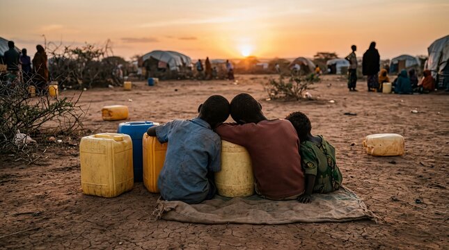 Displaced children sitting together at sunset in a refugee camp.