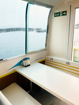 Ferry boat interior with sea view