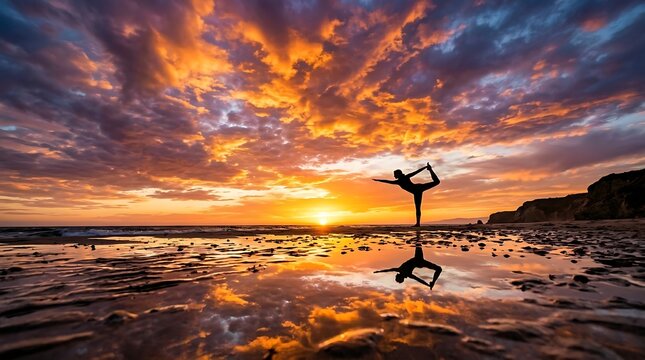 Silhouette of a Woman Performing Yoga on a Beach at Sunset.