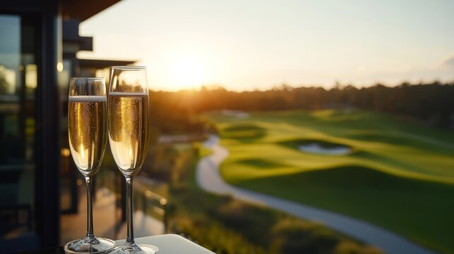 Celebratory toast with champagne overlooking scenic golf course at sunset capturing elegance and tranquility in nature's splendor