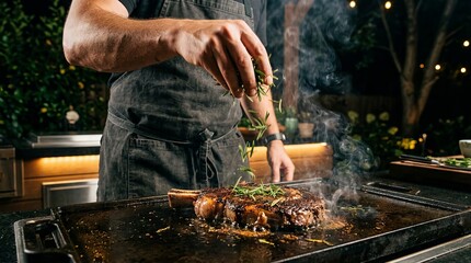 Fototapeta premium Professional chef garnishing a sizzling ribeye steak on an outdoor grill.