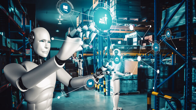Innovative industry robot working in warehouse for human labor replacement. Concept of artificial intelligence for industrial revolution and automation manufacturing process.
