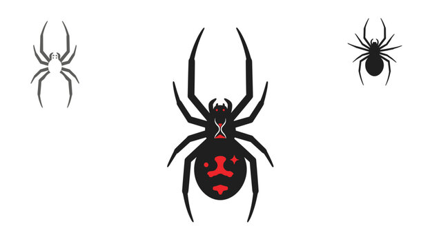 Set of three black widow spider illustrations in different styles and sizes, featuring the characteristic red hourglass markings.