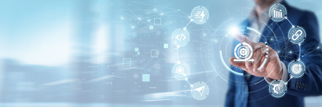 Agile, Businessman touching agile workflow interface and networking data, scrum project collaboration, software development strategy, flexible business process optimization