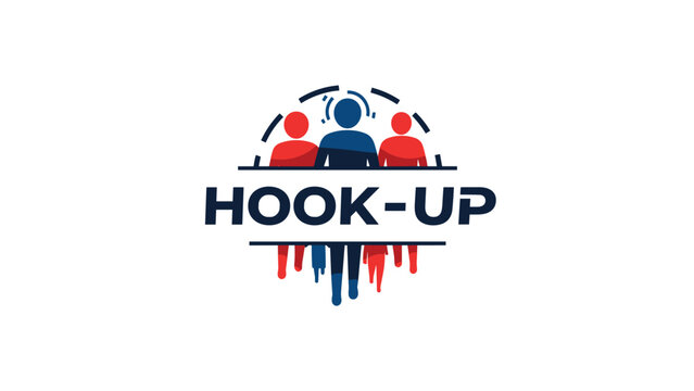 Hook-up logo illustration features three stylized human silhouettes in red and blue colors arranged above the bold text title.