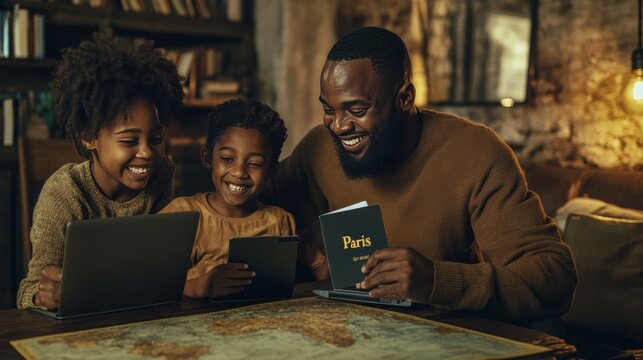 Family travel planning in paris france interactive map session with joyful kids and engaged dad in cozy living room