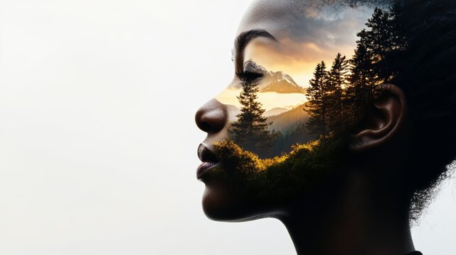 Emotional landscape portrait nature scene digital art serene environment side view concept of inner beauty and connection